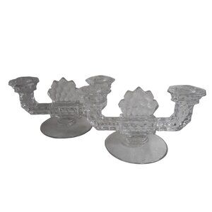 Set of 2 Fostoria American Glass Twin Candlestick Flame Flat foot Art Deco